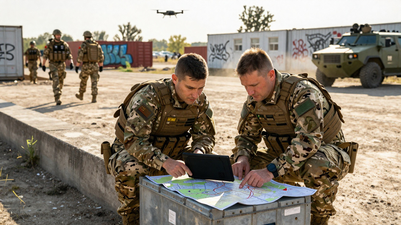 Two soldiers in camouflage uniforms studying a map on a metal box in an outdoor urban training area.