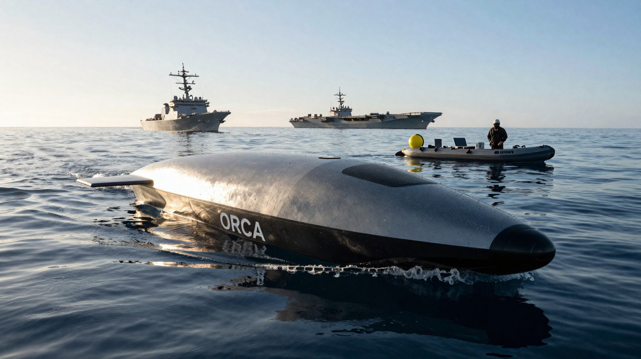 Unmanned Orca underwater vehicle floating on calm sea with two navy ships and a small boat in the background.