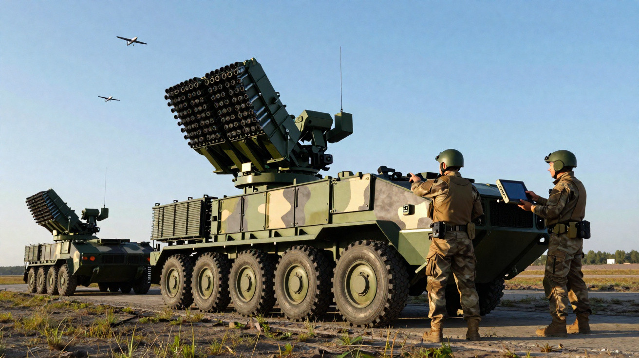 Two soldiers operate camouflaged military vehicles with missile launchers under blue sky with two drones flying overhead.