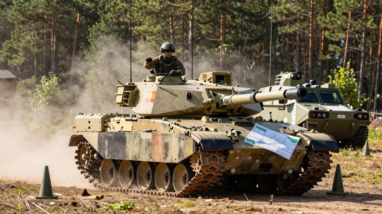 Military tank with soldier inside driving on dirt road in forested area during exercise.