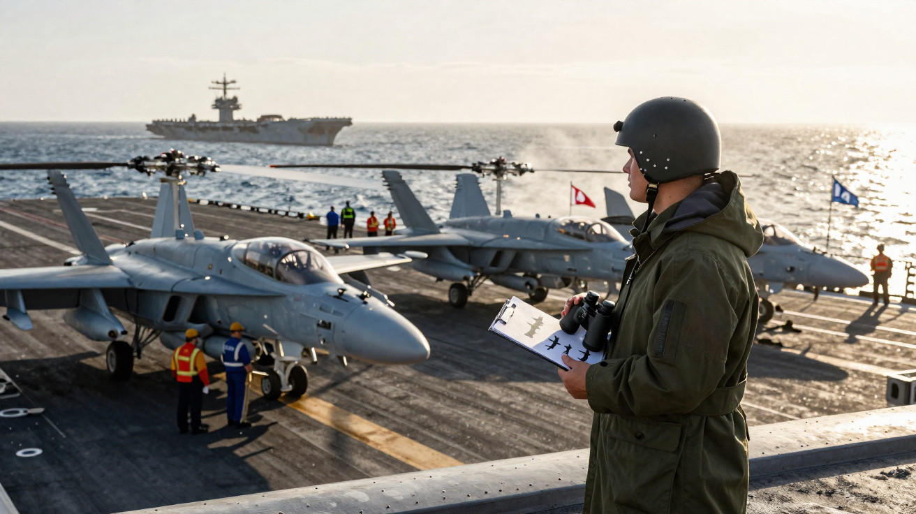 Military personnel with binoculars on aircraft carrier deck, fighter jets parked, another carrier visible at sea.