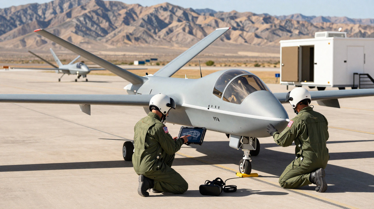 Two technicians in flight suits inspect a military drone on a runway with mountains in the background.