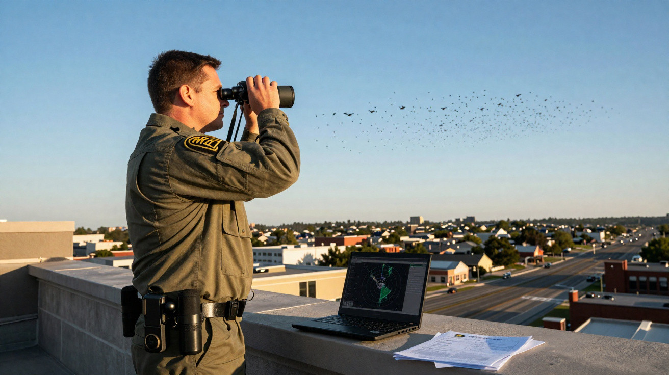 Uniformed officer on rooftop using binoculars overlooking city with laptop and papers nearby at sunset.