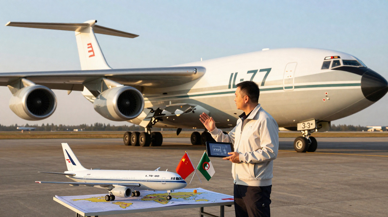 Man gestures near scale model airplane and tablet on table with large aircraft background at airfield.