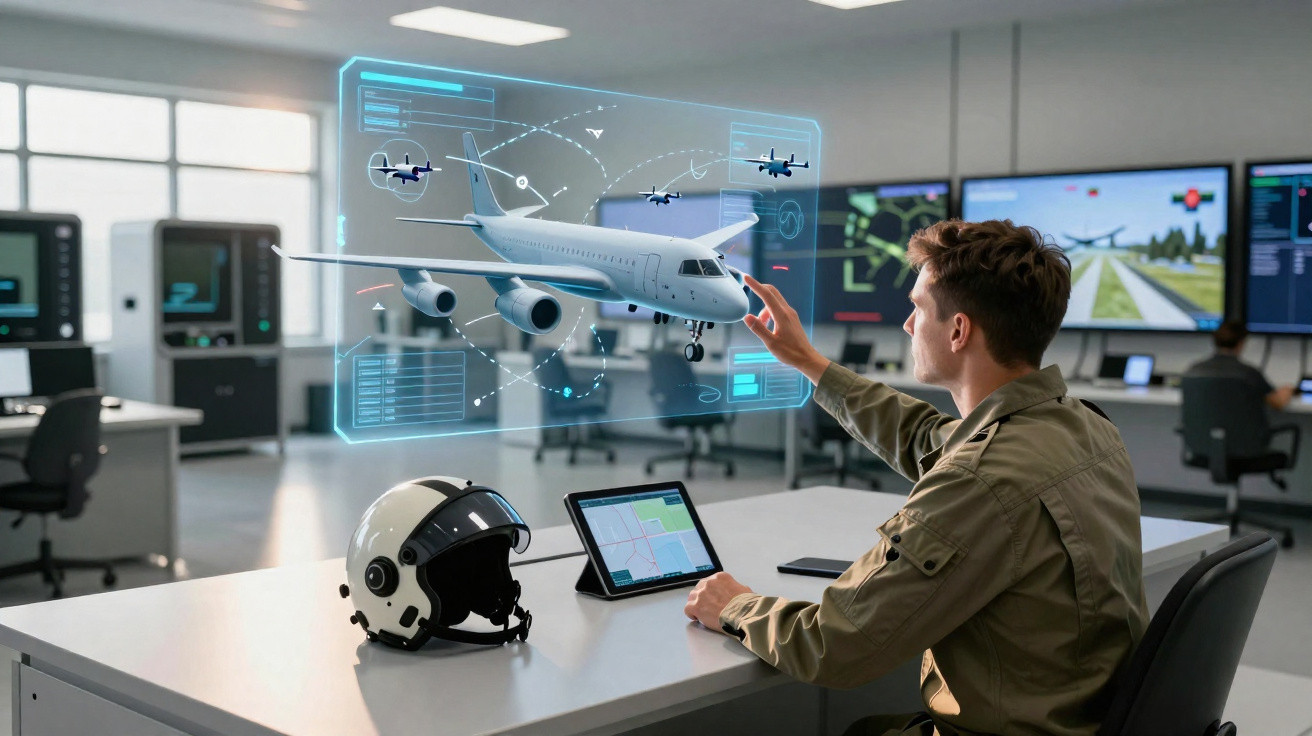 Man in military uniform interacting with a virtual 3D airplane model in a high-tech control room.