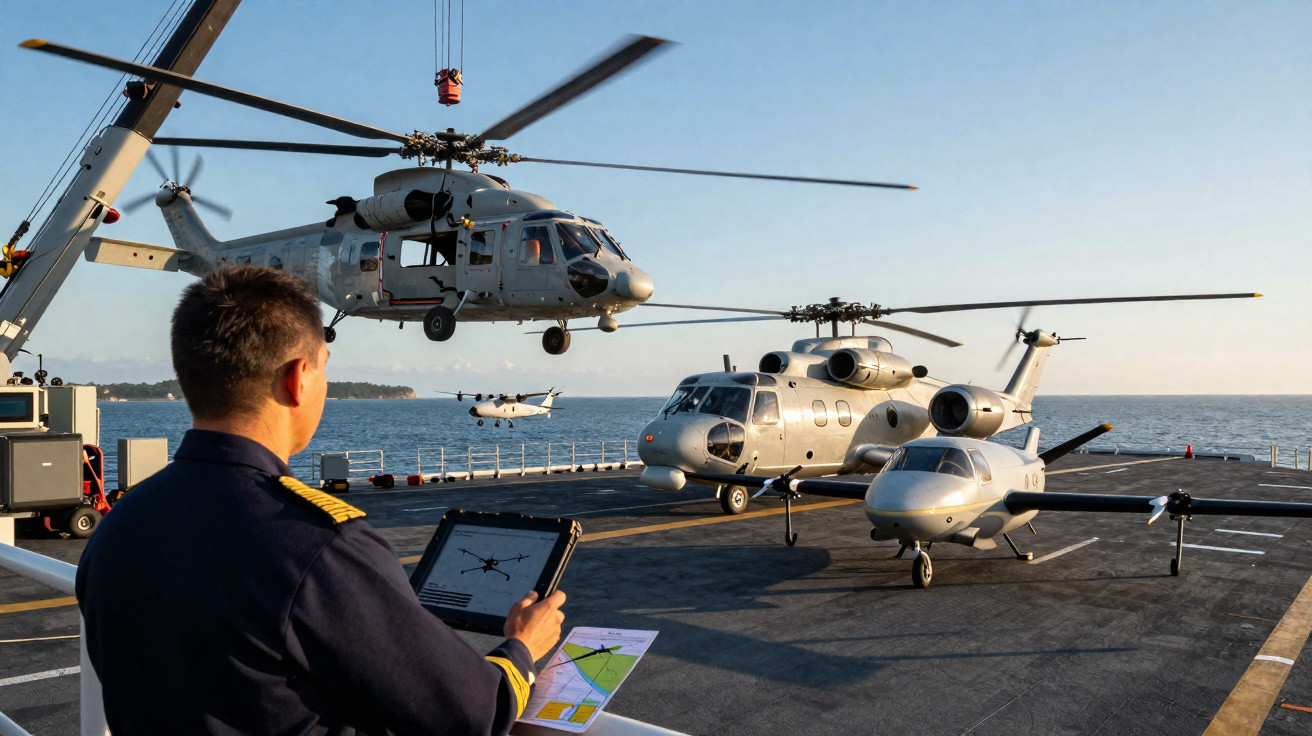 A naval officer monitors a helicopter lifting operation on a ship deck with helicopters and a seaplane nearby at sea.