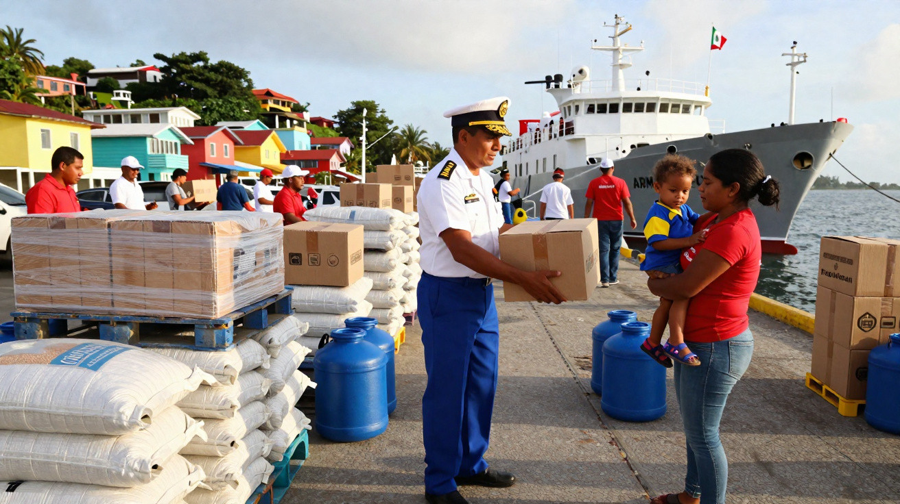 Navy officer handing a box to a woman holding a child at a dock with supplies and a ship in the background.