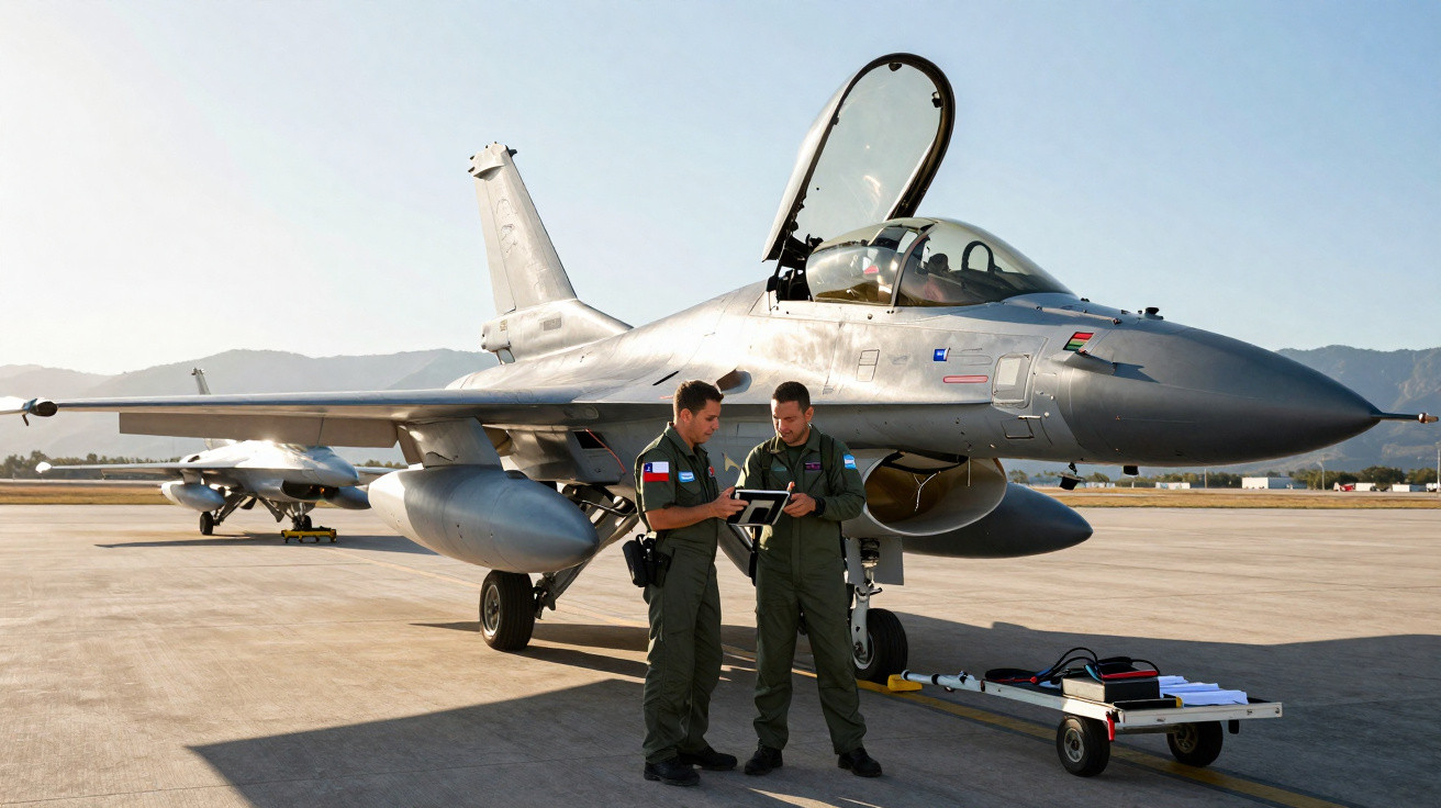 Two military personnel in flight suits standing next to a fighter jet on an airbase runway with mountains in background.