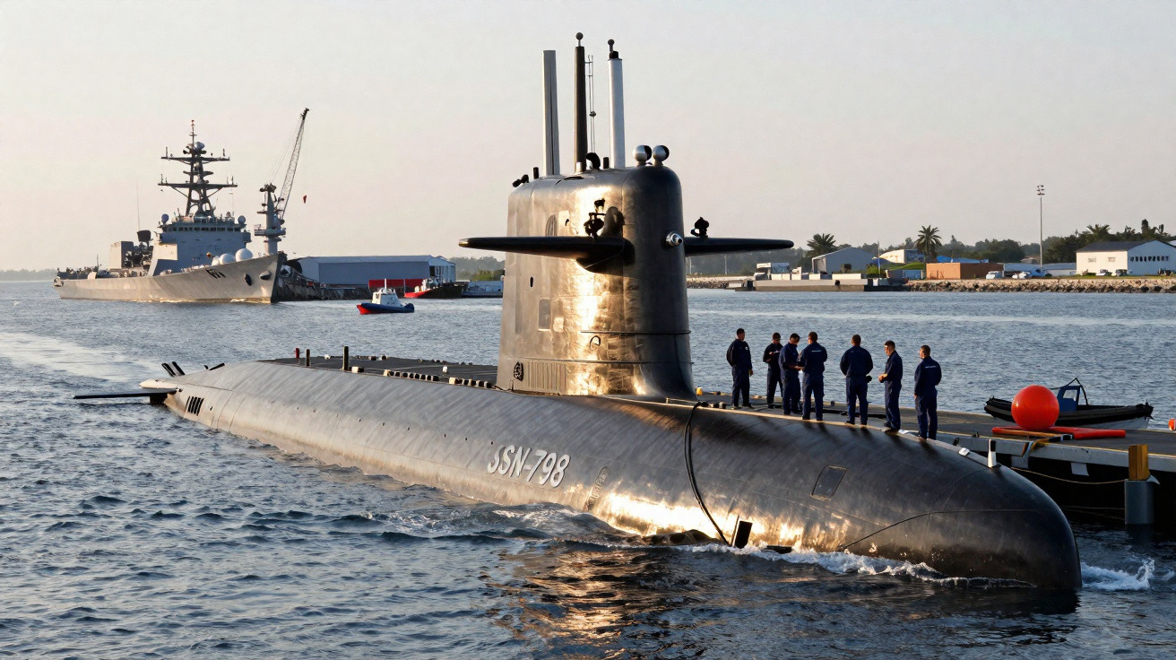 US Navy submarine SSN-798 docked near a coast with crew standing on deck and a warship in the background.