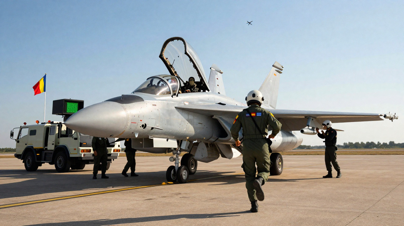 Military personnel preparing a fighter jet on the runway with a vehicle and flag nearby under clear sky.