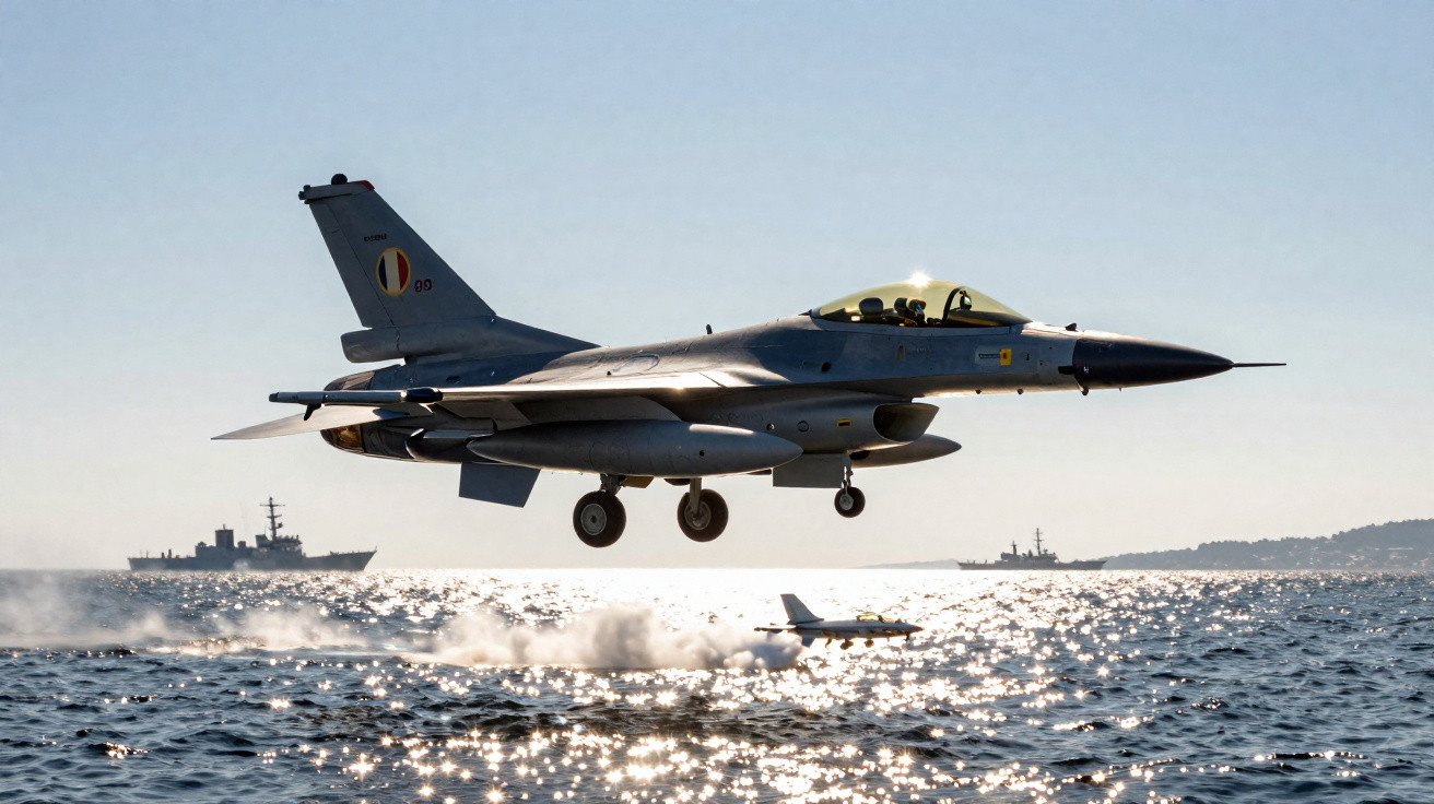 Belgian Air Force fighter jet flying low over sparkling sea with ships in the background at sunset.