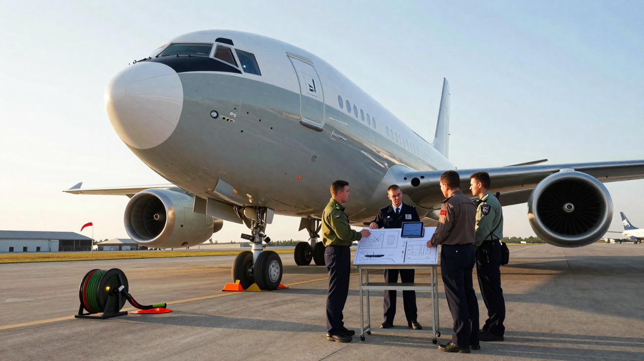 Four people in uniform reviewing a blueprint beside a large commercial aircraft on an airport tarmac.