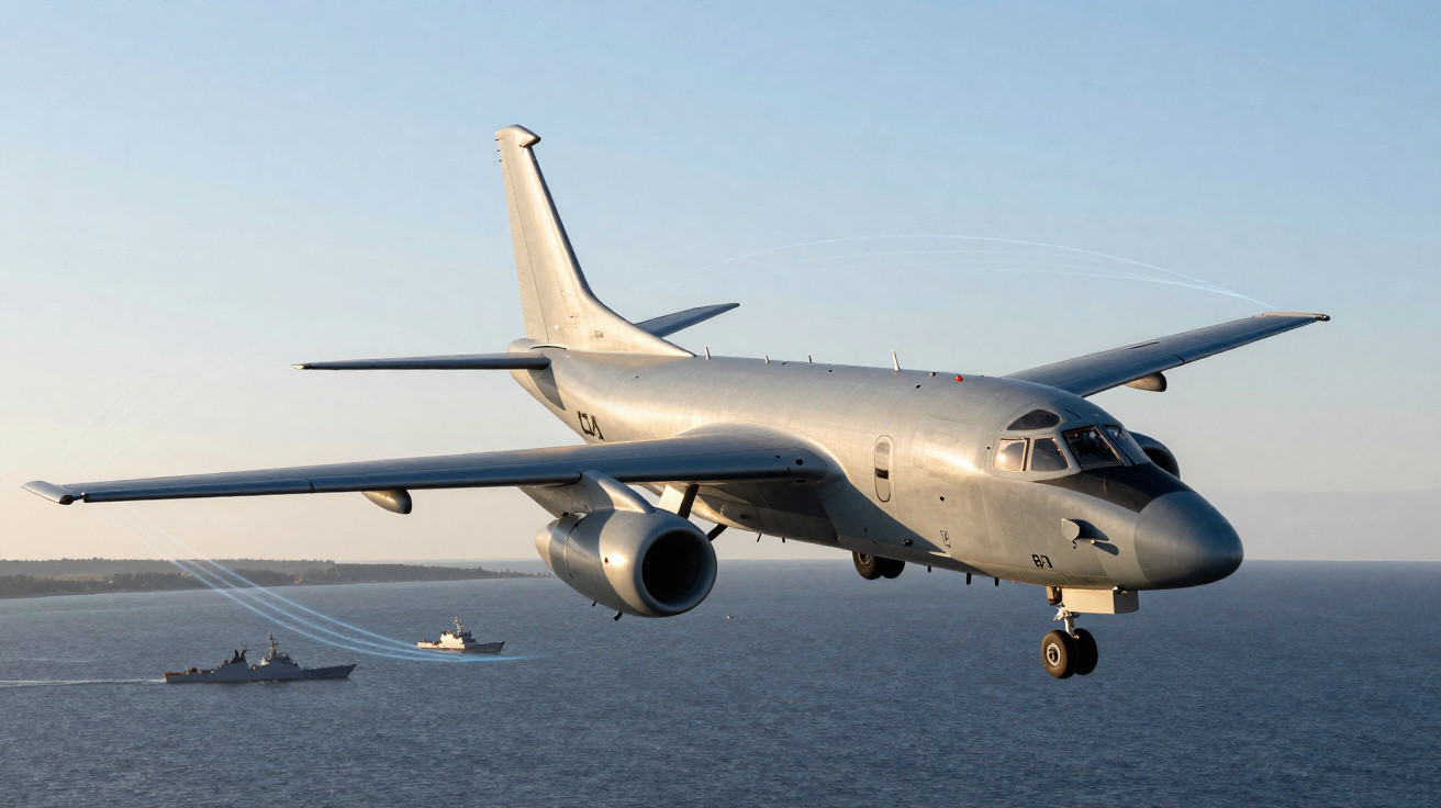 Military surveillance aircraft flying over the ocean with naval ships in the background during daylight.