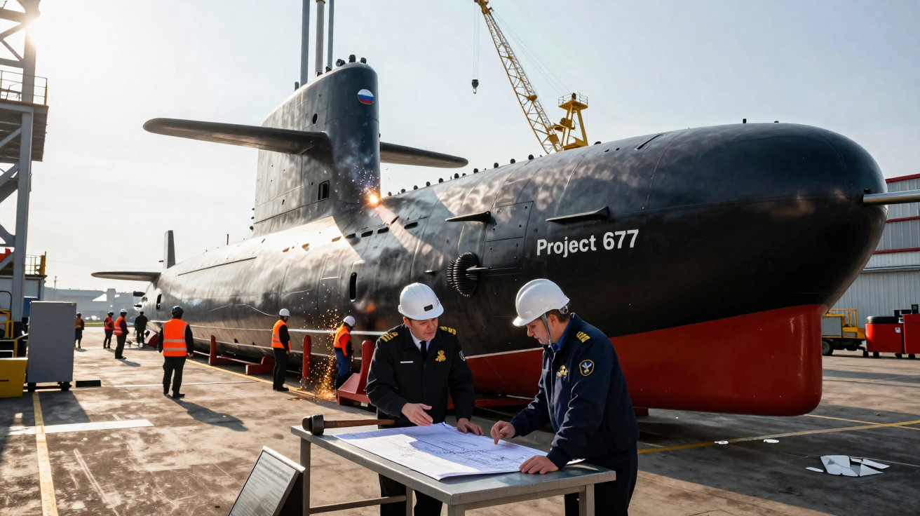 Two engineers in helmets reviewing plans by Project 677 submarine in shipyard with workers and cranes around.