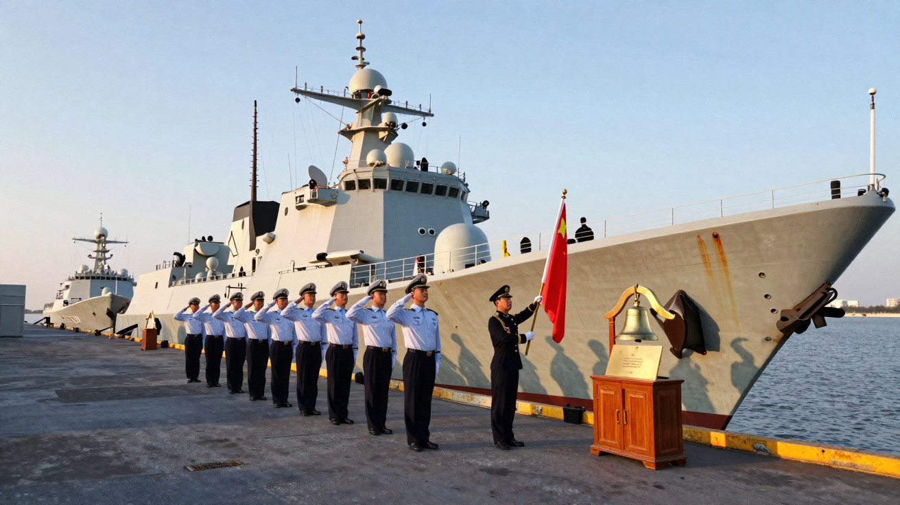 Sailors in uniform salute a naval officer holding a flag beside a large warship docked at a pier at sunset.