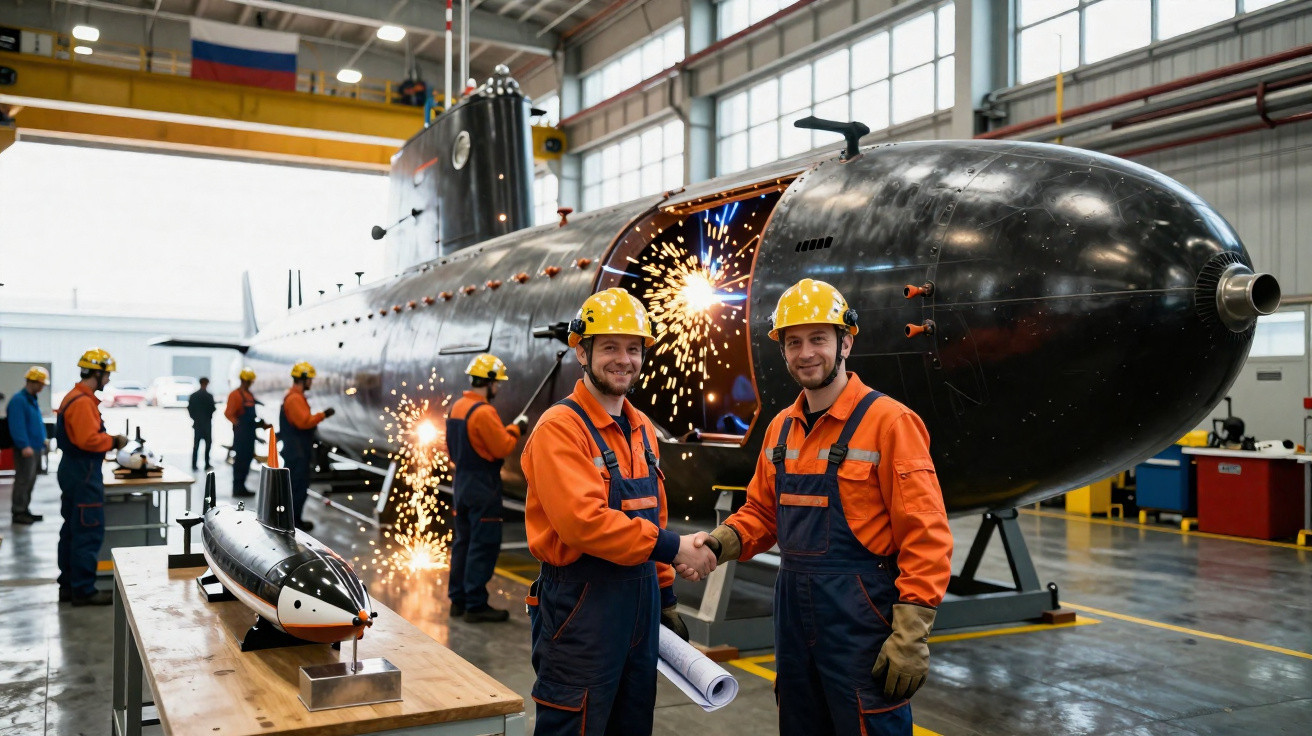 Two workers in helmets shake hands inside a factory with a submarine and welding sparks in the background.
