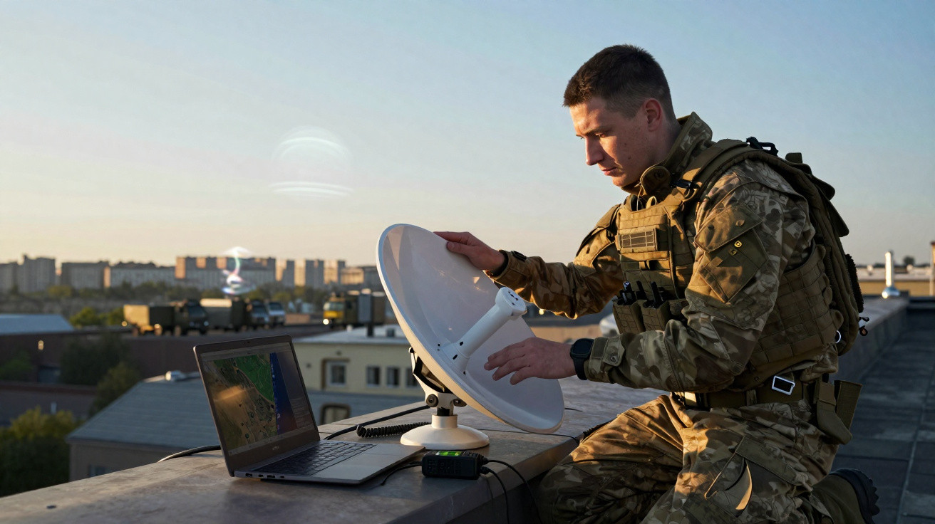 Soldier in camouflage uniform adjusts satellite dish on rooftop with laptop during sunset.