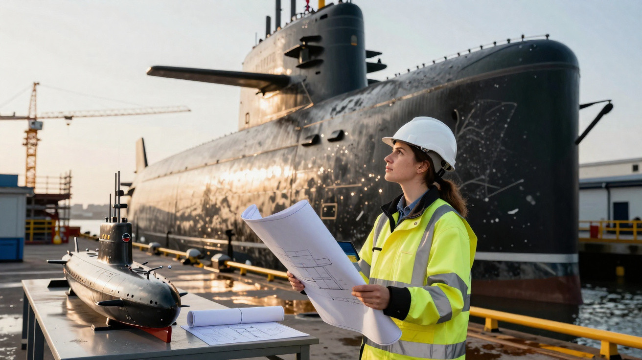 Woman in a hard hat and high-visibility jacket holding blueprints near a submarine docked at a shipyard.