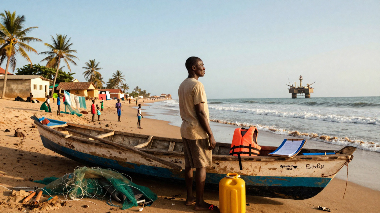 Man stands beside boat on sandy beach with fishing nets, life jacket, jerrycan, and oil rig in the sea at sunrise.