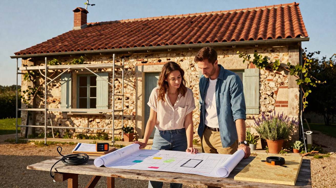 Couple examining architectural plans on a table outside a stone house with scaffolding and garden plants.