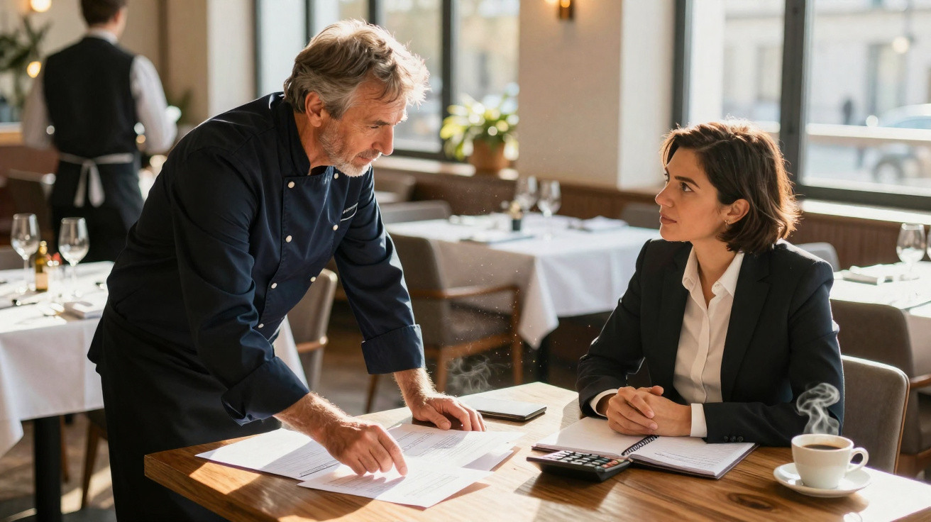 Chef and businesswoman discussing documents at a restaurant table with steaming coffee cups.