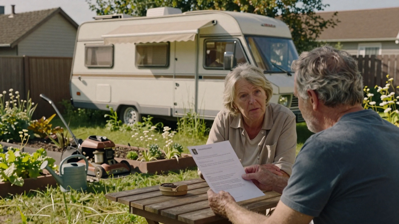 Older couple sitting at a wooden table in a garden, reviewing a document, with a caravan and lawn mower in the background.