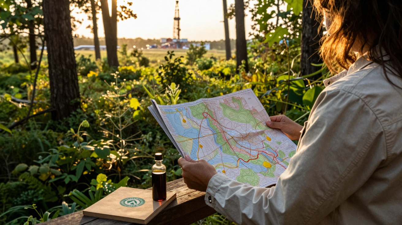Person holding a detailed map outdoors near trees, a notebook, and a bottle with a sunset oil rig in the background.
