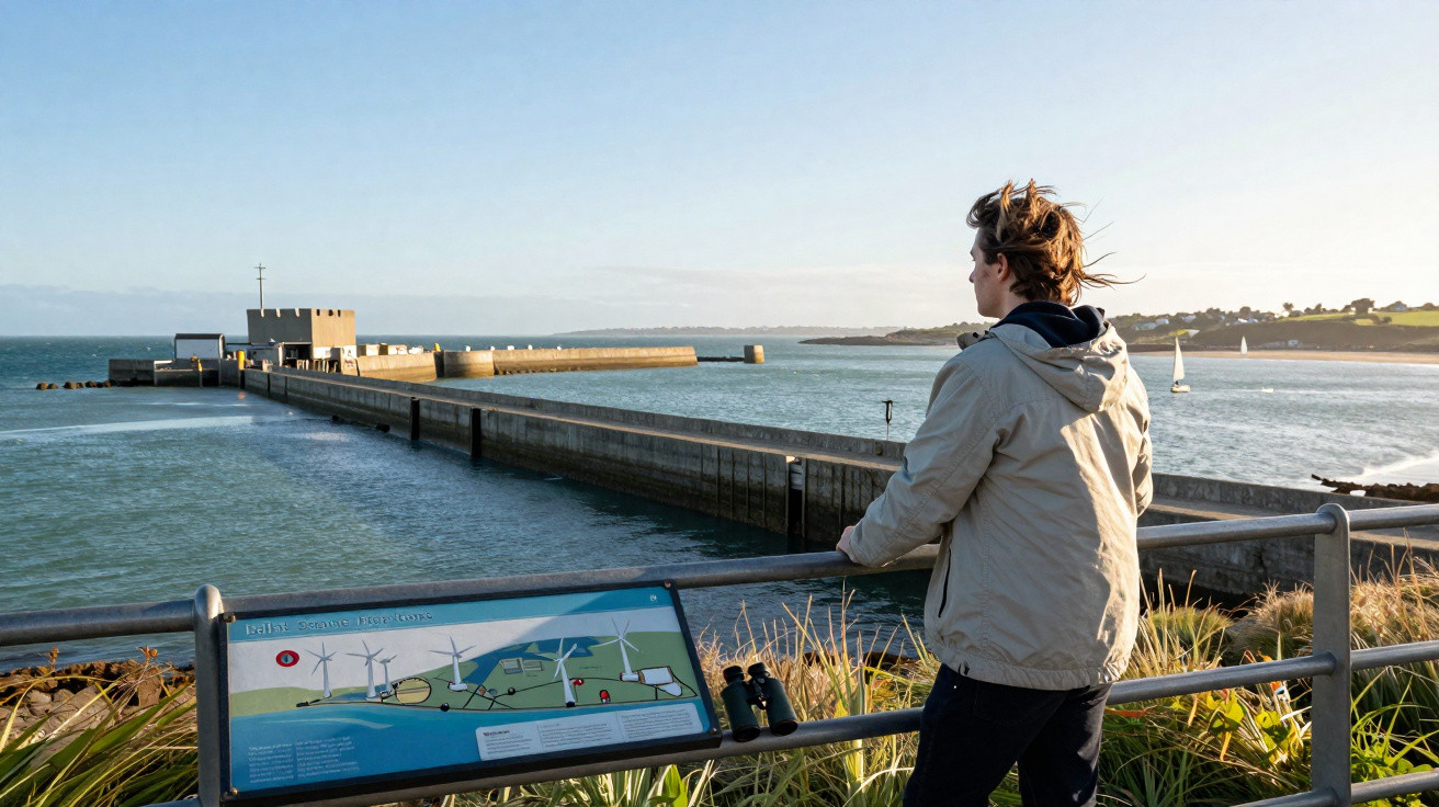 Person in beige jacket overlooking a long pier and harbour with sailboats in the distance on a clear day.