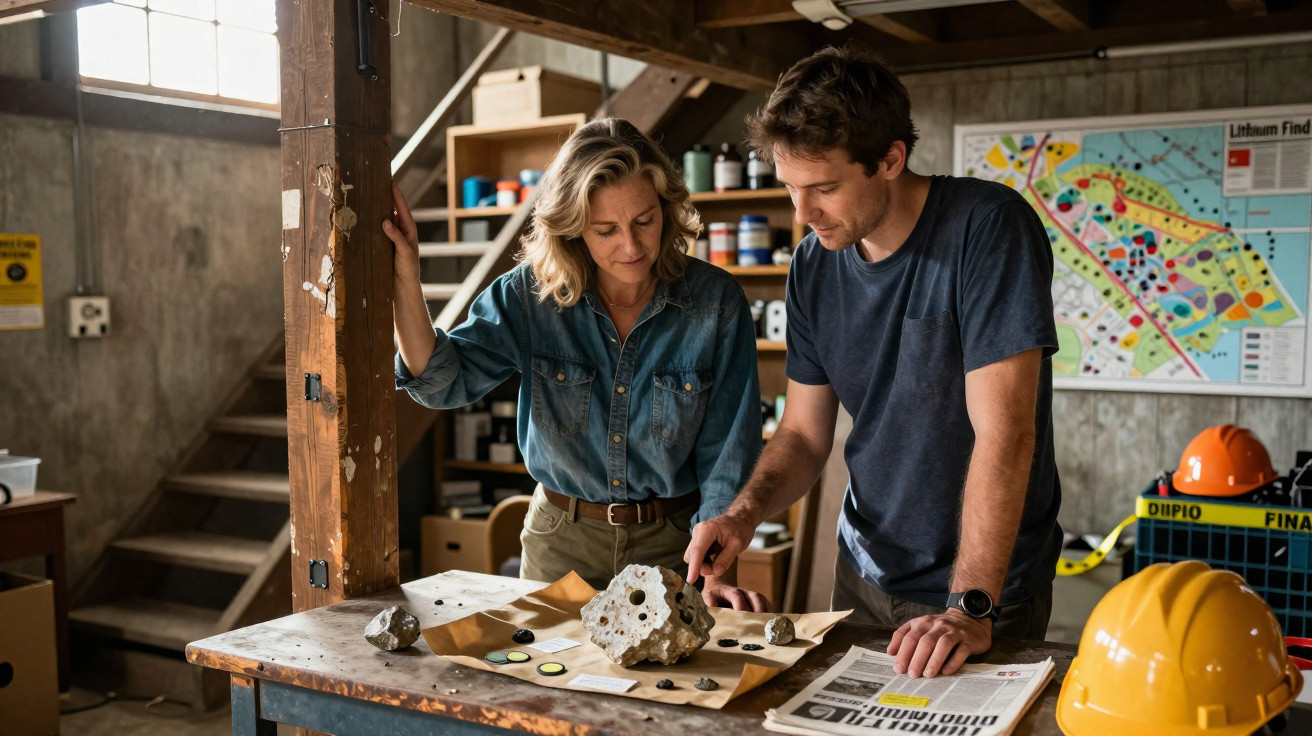Two people examine rock samples on a table in a workshop with maps and safety helmets nearby.