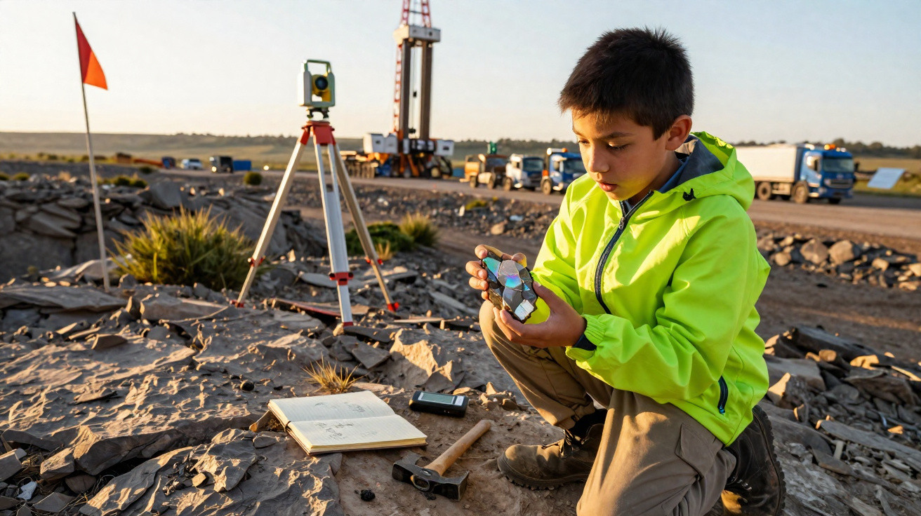 Young boy in a bright jacket examining rocks on a rocky field with geological tools and trucks in the background.