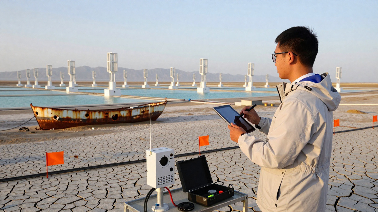 Man in beige jacket using a tablet near cracked dry ground with a rusty boat and vertical wind turbines in background.