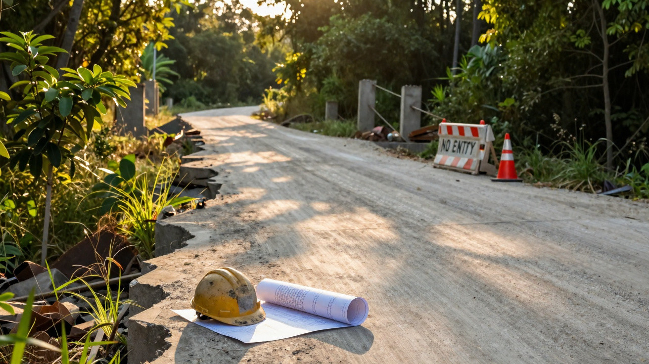 Construction site with a damaged road, safety helmet, rolled plans, and a "No Entry" sign in a wooded area.