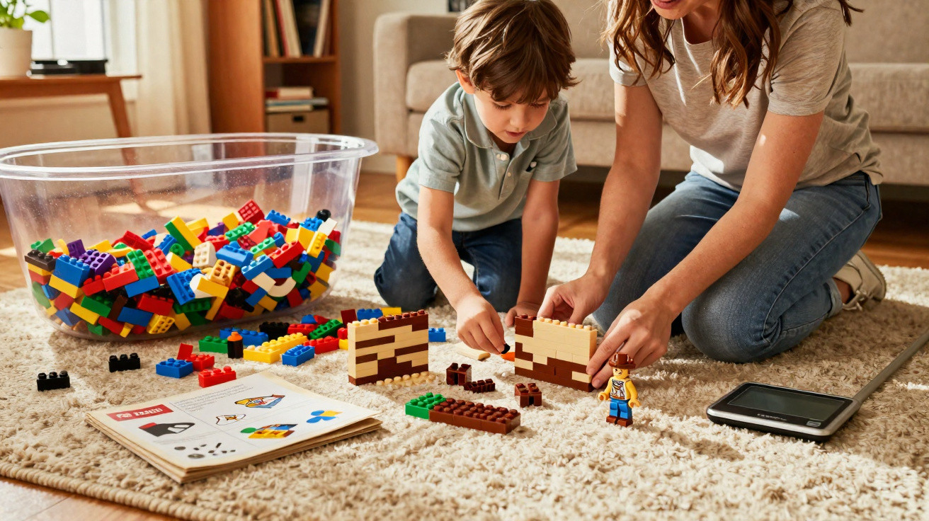 Child and adult building with colourful plastic bricks on a beige carpet beside an instruction booklet and tablet.