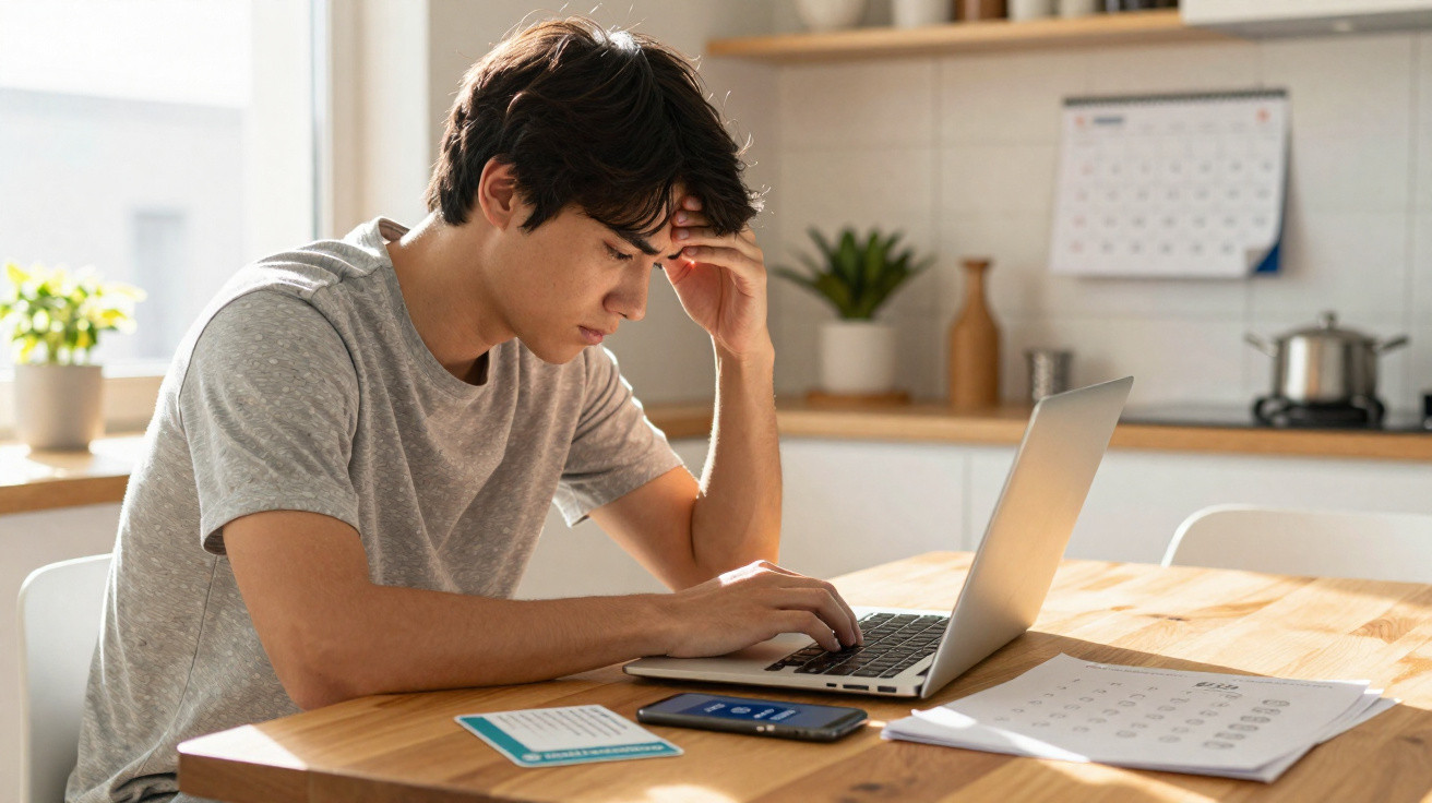 Young man looking stressed while working on a laptop at a wooden kitchen table with papers and a phone nearby