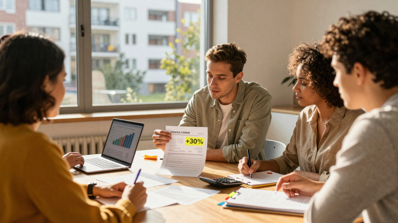 Four colleagues discussing business report with 30% growth at a meeting table near a window.