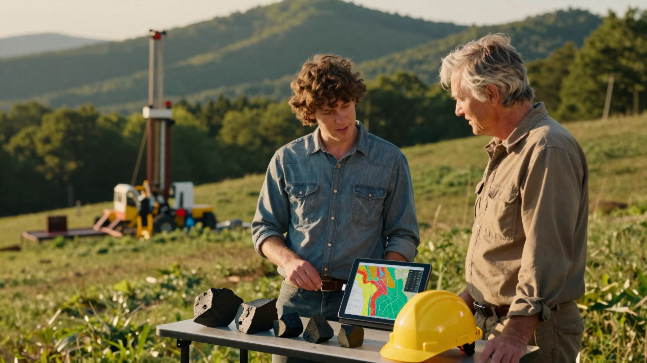 Two men examining rock samples and a geological map on a tablet in a rural outdoor setting.