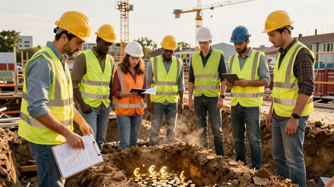 Construction workers in safety gear gather around a dug hole filled with glowing Euro coins on site.