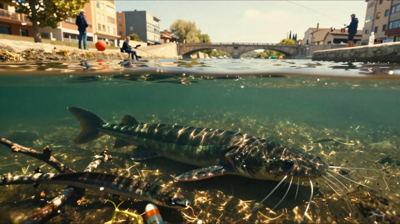 Split view of a river showing fish underwater and people fishing on the riverbank in an urban area.
