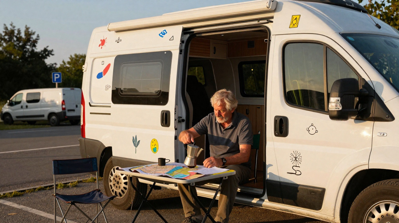 Elderly man sitting at a table outside a white camper van, pouring coffee with maps and a cup on the table.