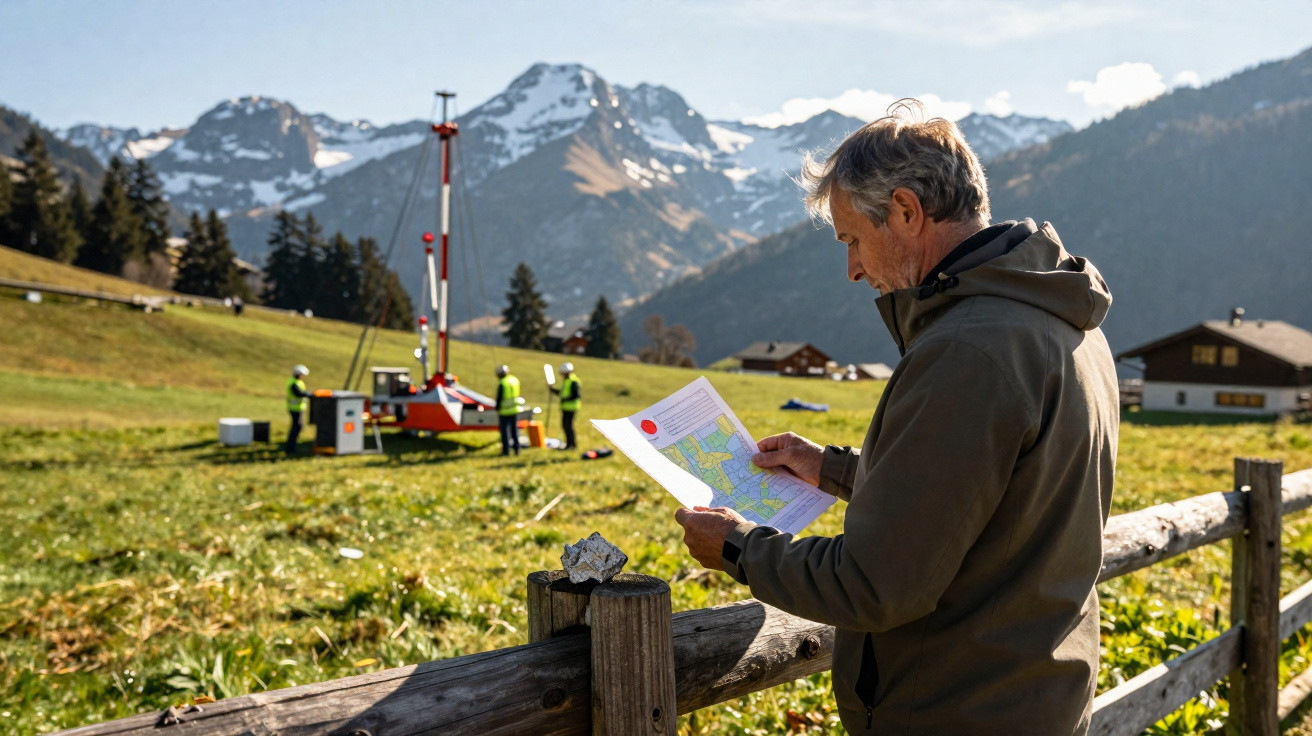 Man examining a map by a wooden fence with workers and mountains in the background.