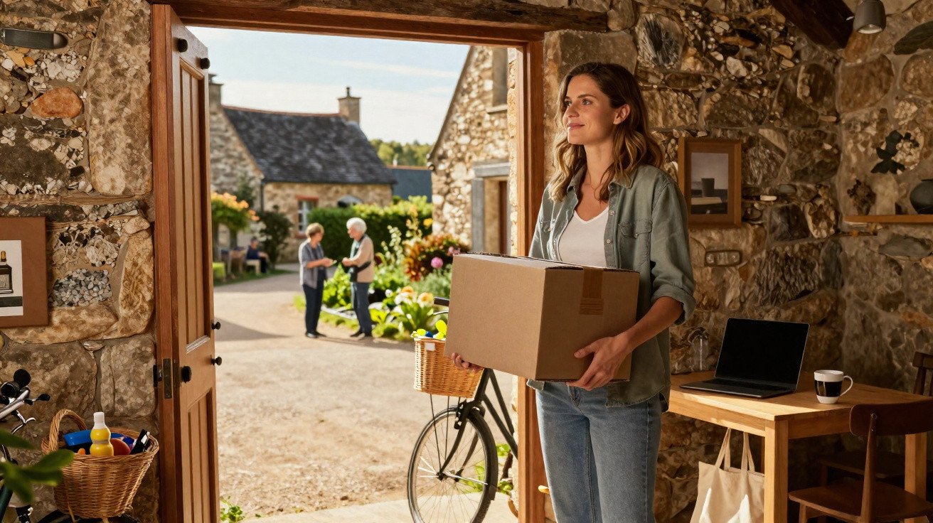 Woman holding a cardboard box standing in a rustic stone house doorway with two elderly people talking outside.