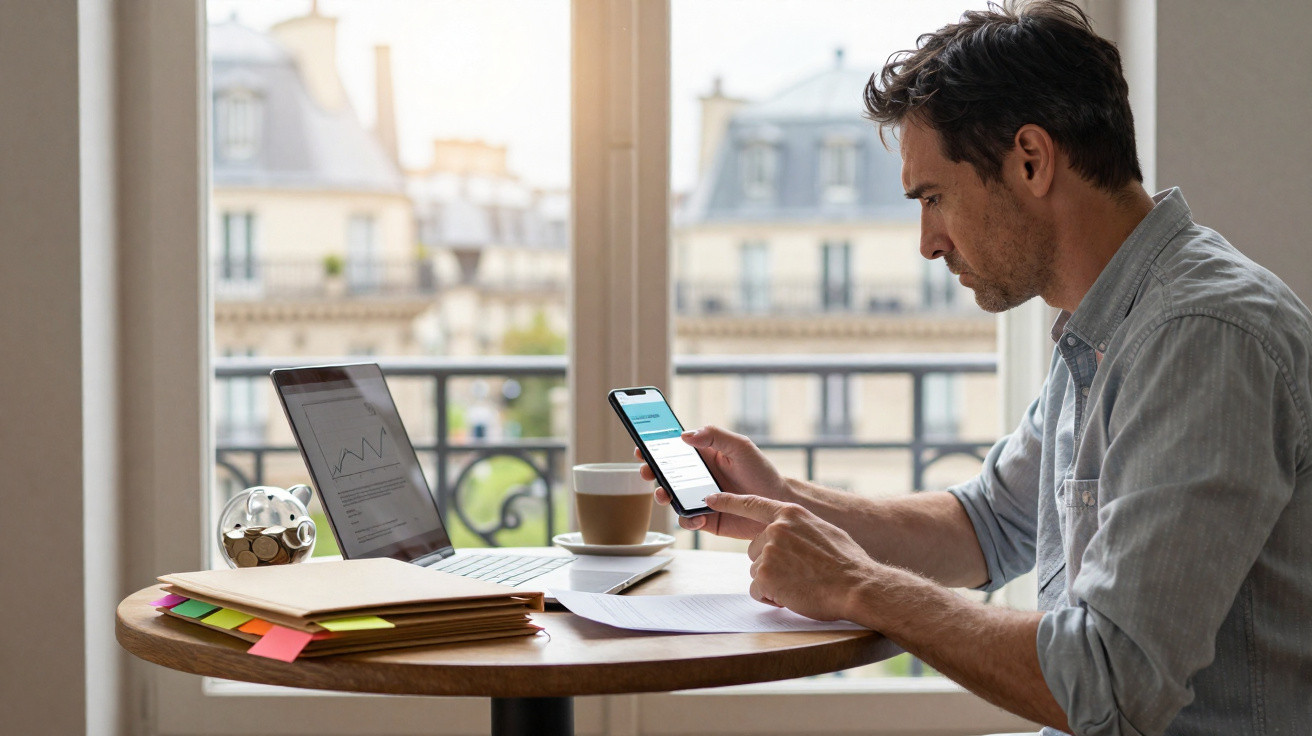 Man working at a table with laptop, documents, coffee, and smartphone near a window with city view.