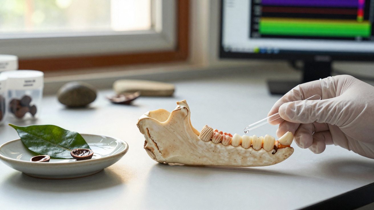 Gloved hand applying liquid to animal jaw bone on lab table with plant samples and computer screen nearby.