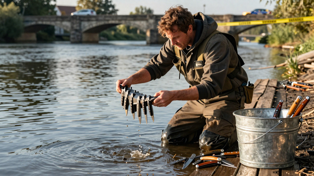 Man kneeling by riverbank rinsing multiple folding knives while more knives rest in a metal bucket beside him.