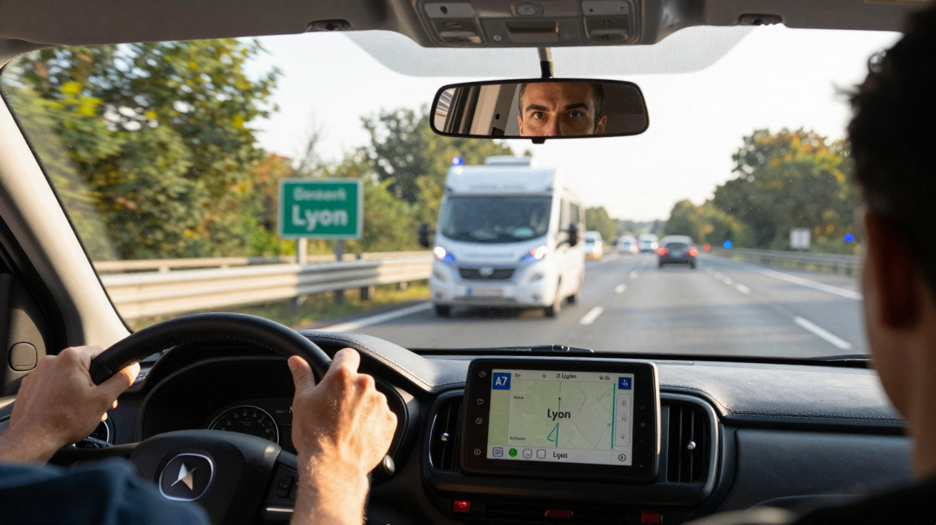 View from inside a car showing driver’s hands on the wheel and GPS navigating to Lyon on a highway.
