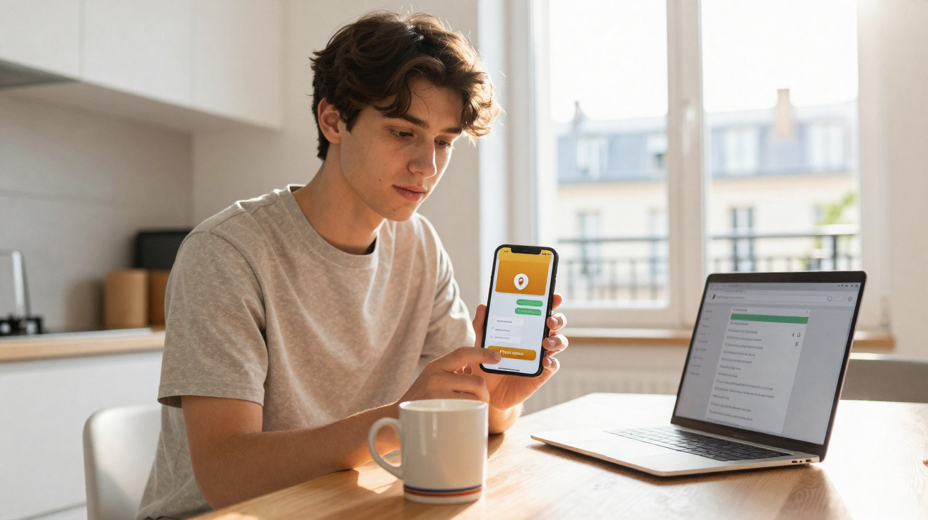 Young man in a kitchen holding a smartphone showing a login screen next to an open laptop on a table.