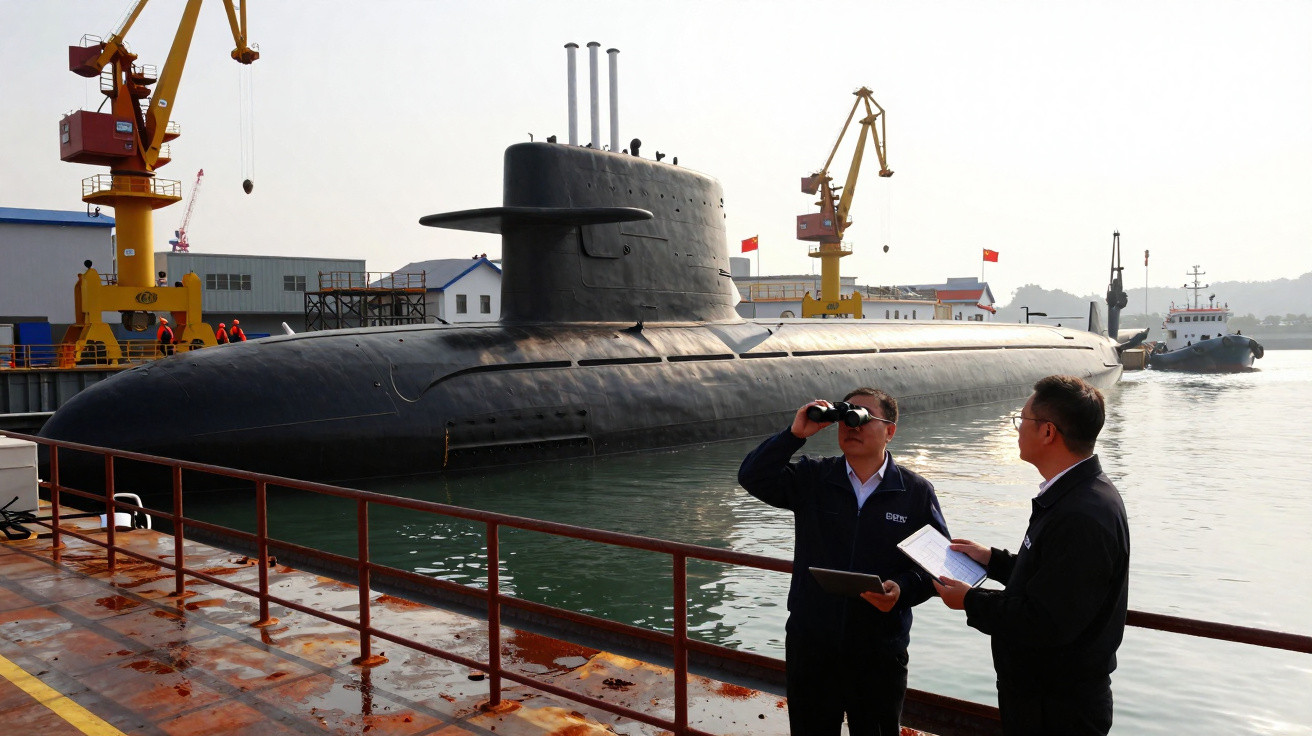 Two men inspecting a docked military submarine at a shipyard with cranes and industrial buildings in the background.