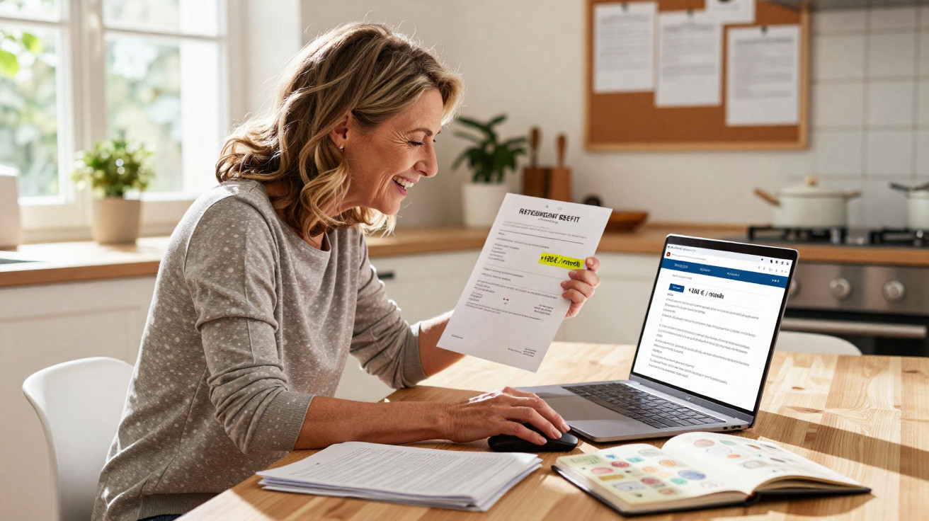 Woman sitting at a kitchen table, smiling while reviewing a bill and using a laptop.