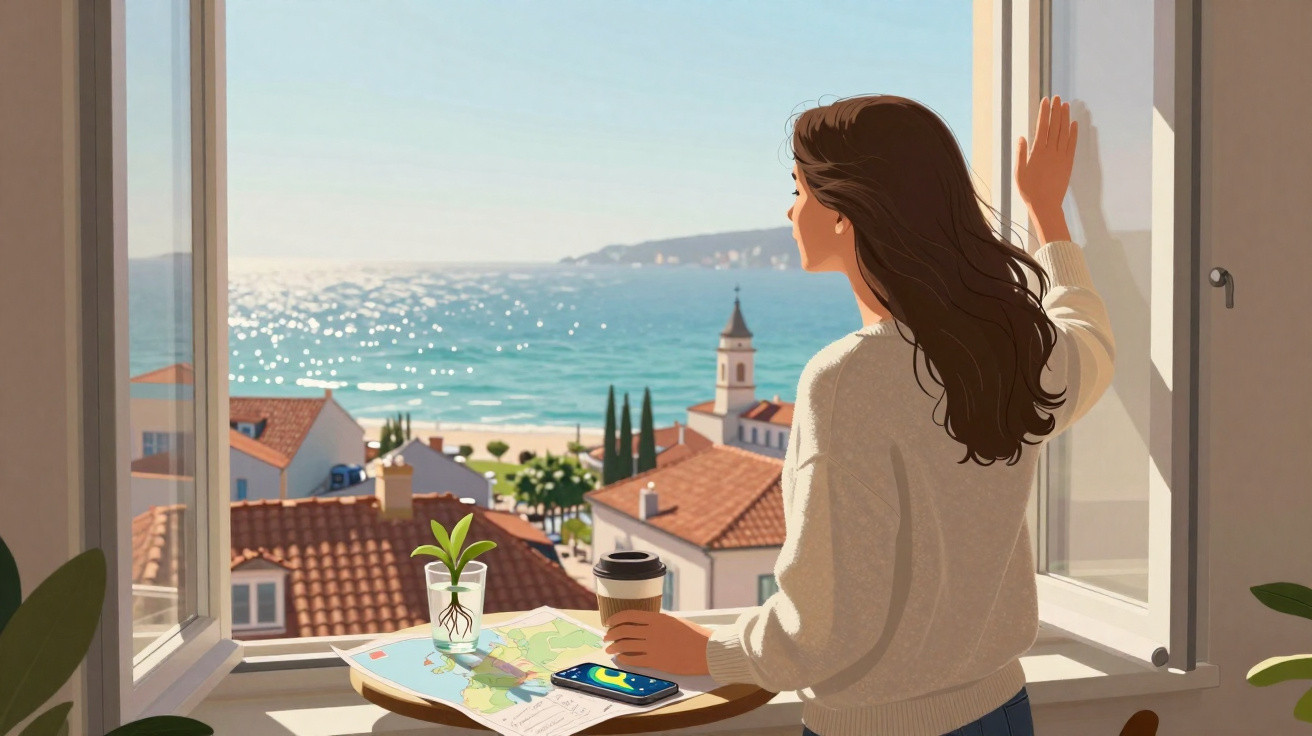 Woman with long hair holding a coffee cup, looking out of an open window at a seaside town and sparkling ocean.