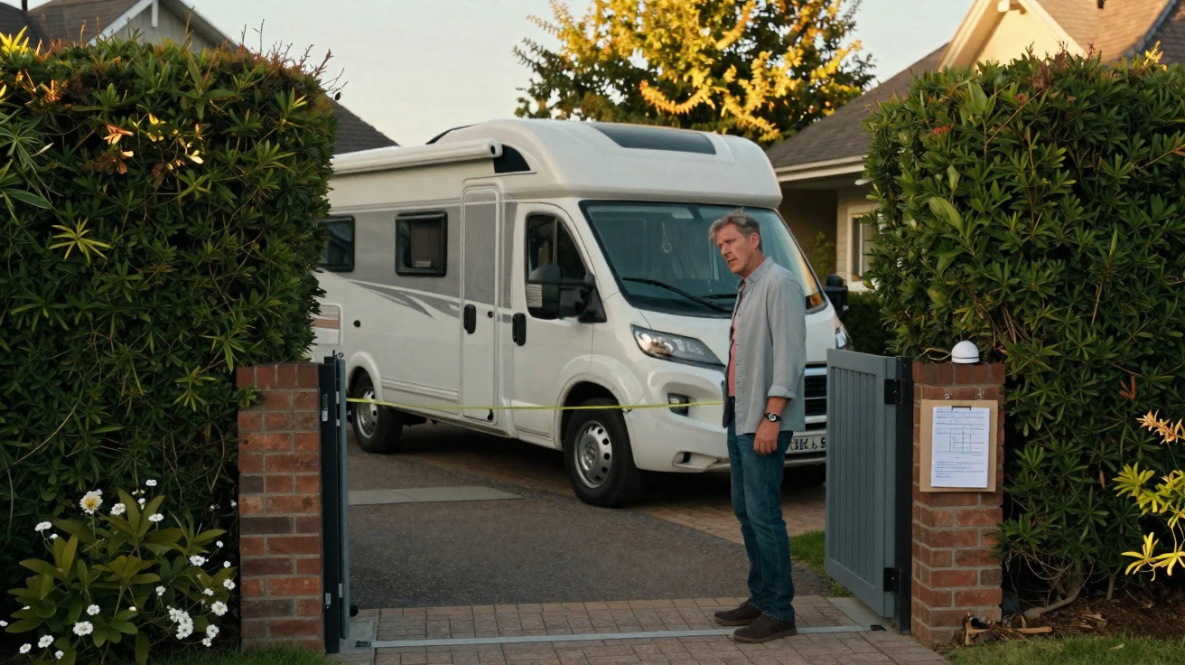 Man standing at open gate with white campervan parked in driveway of suburban home in daylight
